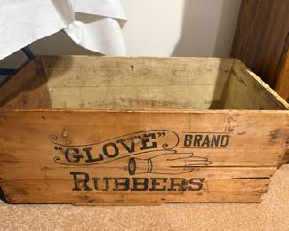 Antique wooden advertising crate, Glove Brand Rubbers