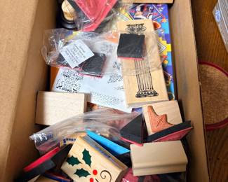 Box lot of wood mounted rubber stamps and craft supplies