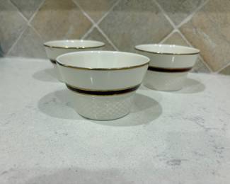 White ceramic custard cups with brown band, set of three