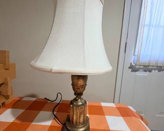 Brass column table lamp with bell shaped fabric shade