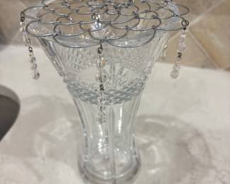 Crystal flower vase with frog insert and hanging prisms