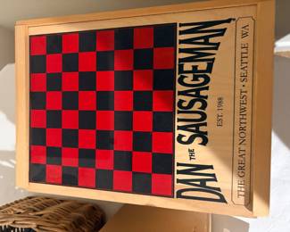 Wooden checkerboard game box, Dan the Sausageman Seattle advertising