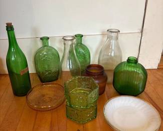 104 assortedvintageglassbottlesanddishe