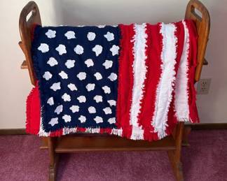 Handmade American Flag Red White & Blue Chenille Blanket with Wooden Quilt Rack