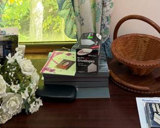 Assorted Desk Accessories, Carved Wooden Basket, Office Supplies & Decorative Flowers