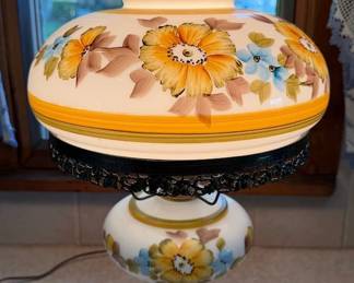 Vintage Floral Milk Glass Hurricane Table Lamp with Hand-Painted Flowers & Chimney - Works Great