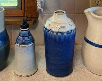 Assorted Blue Glazed Studio Pottery - Vases, Soap Dispenser & Stoneware Pitcher
