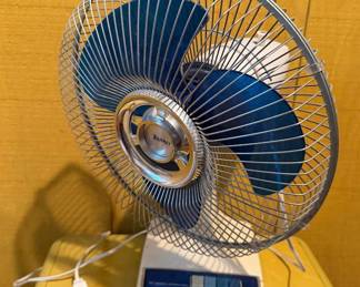 Vintage Lasko Oscillating Table Fan with Blue Blades, Metal Cage & Push Button Controls