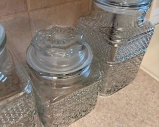 Set of 3 Clear Pressed Glass Kitchen Canisters with Matching Lids