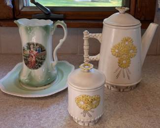 Decorative Ceramic Coffee Pot, Covered Sugar Bowl & Victorian Style Pitcher with Plate