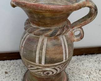 Rustic Southwestern Style Pottery Vase with Decorative Scrollwork & Curved Handle