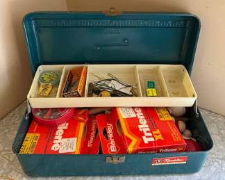 Vintage Metal Fishing Tackle Box with Assorted Fishing Lures, Line, Bobbers & Accessories