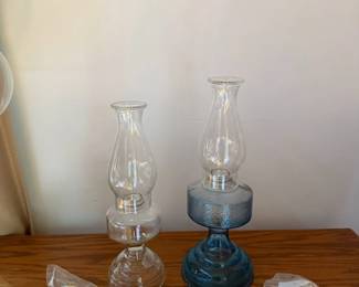 Pair of Vintage Glass Oil Lamps - Clear & Blue Glass with Chimneys and Burners