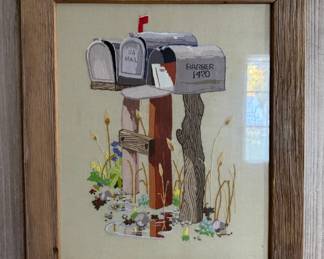 Framed Country Mailboxes Folk Art Painting with Rustic Wood Frame