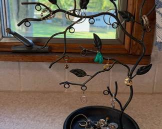 Metal Tree Branch Jewelry Organizer Stand w/ Hanging Hooks, Trinket Tray, and Vintage Jewelry Pieces