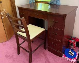 Possibly Antique Wooden Double Pedestal Writing Desk with Drawers & Matching Chair