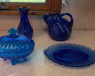 Cobalt & Blue Art Glass Lot - Pitcher, Vase, Covered Dish & Mount Vernon Plate