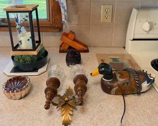 Assorted Home Decor Lot - Mallard Duck, Wall Sconce, Lantern, Owl & Decorative Accents