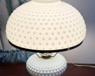 Vintage White Hobnail Milk Glass Table Lamp with Dome Shade - Hurricane Style