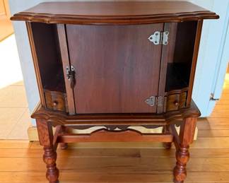Vintage Wooden Sewing Cabinet with Turned Legs, Side Drawers & Sewing Supplies