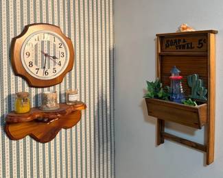 Wooden Wall Clock with Decorative Wood Shelf & Assorted Home Decor
