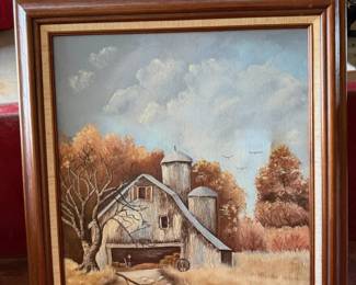 Original Signed Lonnie Barber Framed Oil Painting on Canvas - Rustic Barn & Autumn Farm Scene