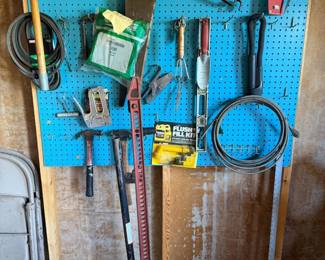 Garage Tool Pegboard & Contents -Hi-Lift Jack, Hand Saws, Clamps, Tools & Hardware
