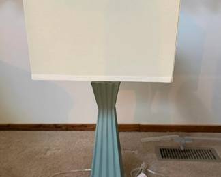 Sage Green Fluted Column Table Lamp with Rectangular Fabric Shade & Clear Base