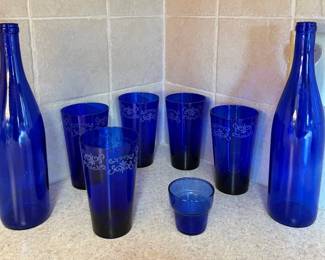 Cobalt Blue Glass Drinkware & Bottle Lot - 5 Tumblers, 2 Bottles & Small Glass