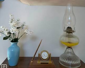 Vintage Style Glass Oil Lamp, Brass Quartz Desk Clock & Blue Flower Vase Decor