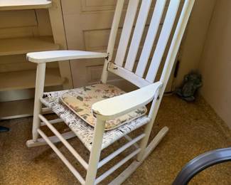 White Wooden Rocking Chair with Woven Seat & Floral Cushion - Farmhouse Style