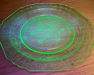 Vintage Green Depression Glass Serving Plate - Floral Etched Design - UV Reactive