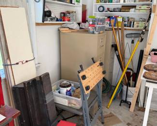 Large Garage Workshop Contents Lot with Cabinets, Workbench, Tools, Supplies & More