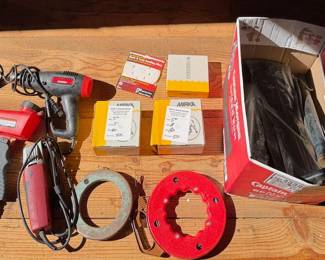 Assorted Workshop Tools & Supplies - Sandpaper, Blast Gun, Drill Master & Fish Tapes