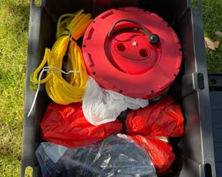 Tow Rope, Extension Cord Reel, Tarps & Utility Supplies in 27-Gallon Storage Tote