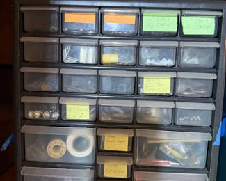 Workshop Hardware Organizer Lot with Multi-Drawer Parts Cabinets & Assorted Fasteners
