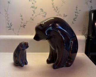 Pair of Glazed Ceramic Bear Figurines Large & Small Bear Sculptures