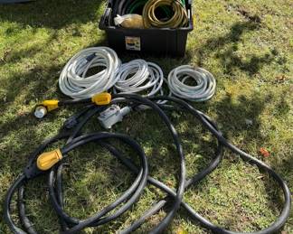 Large Lot of Heavy-Duty Power Cords, Water Hoses, Utility Hoses & Storage Tote
