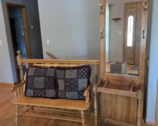 Oak Hall Tree with Mirror  Storage Bench  2 Pieces