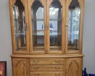 Oak Lighted China Cabinet  Hutch with Glass Shelves