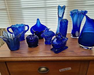 Cobalt Blue Art Glass Collection  Vases, Bowls  Covered Di