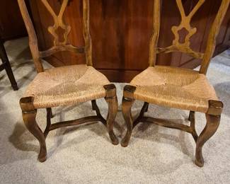 Vintage Oak and Rush seat Queen Anne Chairs