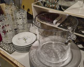 Crackle Glass Wine Cooler, Pottery Barn Cocktail Plates, Gold Salad/Dessert Plates