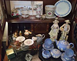 Complete usable Wedgwood Tea Set, Sitzendorf Figurines,  Lefton Plates