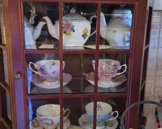 Bombay and Co Wall Curio with Royal Albert cup/saucers and tea pots