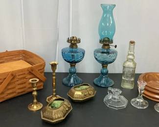 Longaberger Basket, Blue Oil Lamps, More