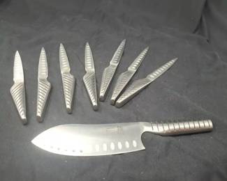 Contemporary Eight 8Piece Zasshu Japanesestyle Steel Knife Set with Grooved Metal Handles