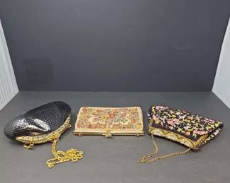 Lot of Three 3 Vintage Evening Handbags Clutch Purses w Gold Tone Hardware