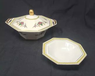 Two 2 Coordinating A. Lanternier Co. Hand Painted Limoges Pieces Octagonal Bowl Covered Dish