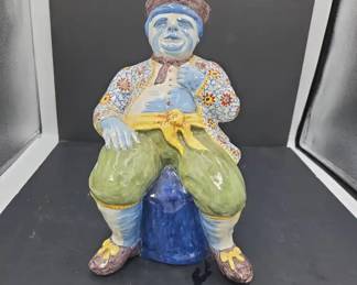Large HandPainted Ceramic Faience Figural Jug Rendered in an Orientalist Style, Approx. 11 1 2 H